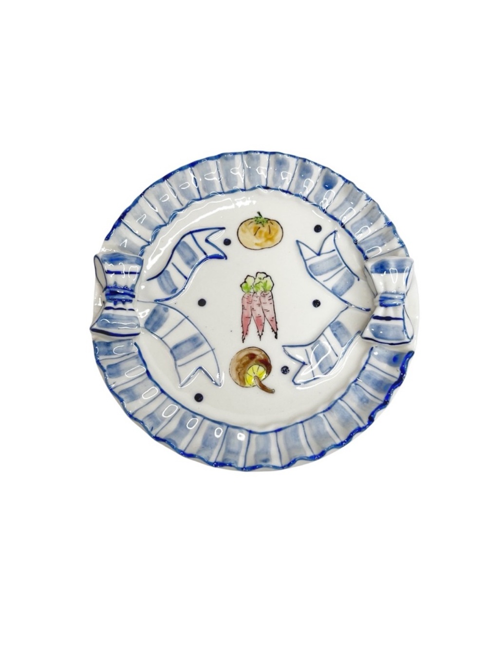 Heavy Ceramic 6.25” Decorative Plate Blue & White Ribbon Crimped Edge Vegetables